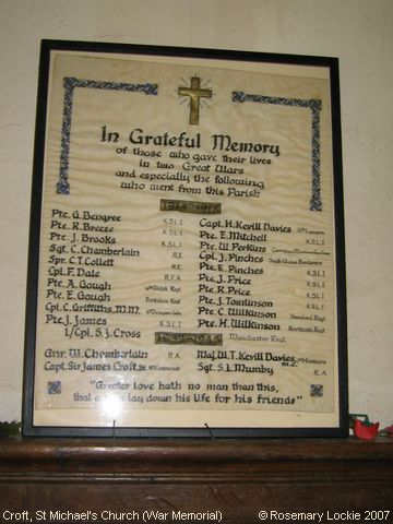 Recent Photograph of St Michael & All Angels Church (War Memorial) (Croft)