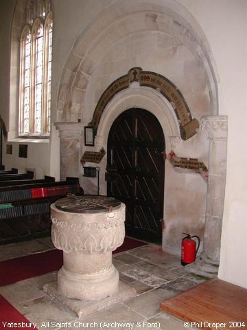 Recent Photograph of All Saints Church (Archway & Font) (Yatesbury)